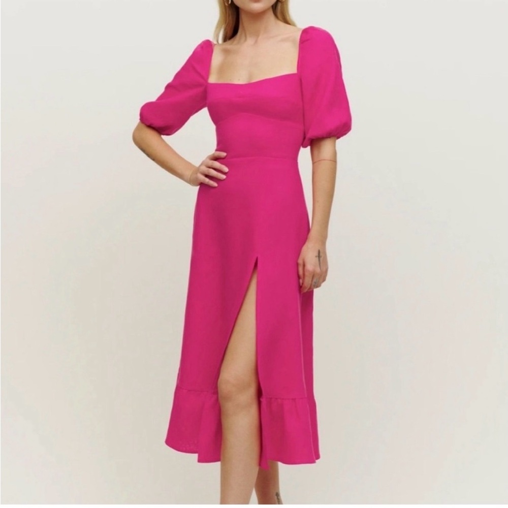 Reformation Fuchsia Puff-Sleeve Maxi Dress